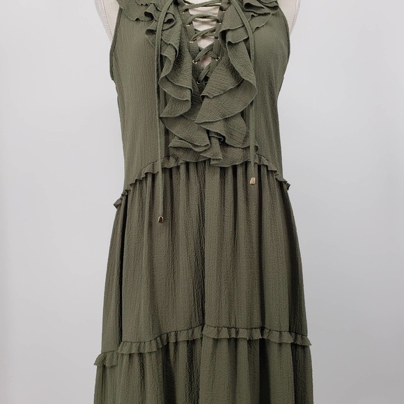 3/$25 Cupio High Low Dress S Ruffle Trim Lace Up V Neck A Line Green NWT - Picture 8 of 13